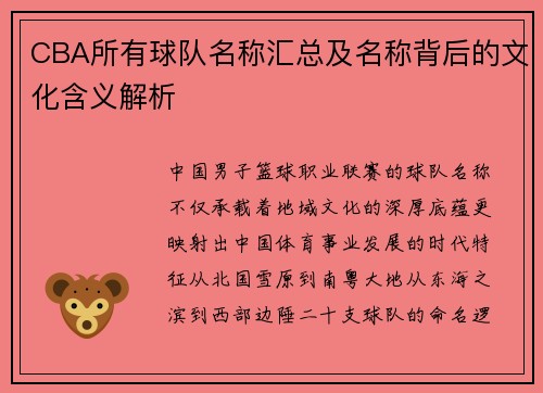 CBA所有球队名称汇总及名称背后的文化含义解析