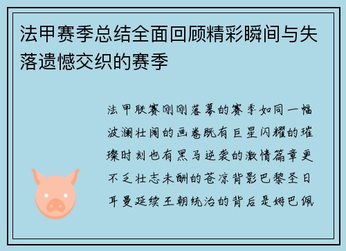 法甲赛季总结全面回顾精彩瞬间与失落遗憾交织的赛季